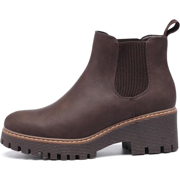 Womens Brown Faux Leather Low Wedge Heel Slip On Chunky Platform Ankle Boots - Picture 2 of 7